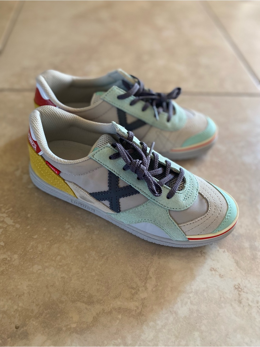 Boys Futsal training shoes in Mint, Gray & Yellow.